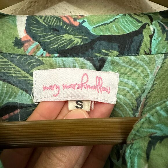 NWOT MARY MARSHMALLOW Tiered Mini Dress Henley in Green Palm Print - Picture 7 of 11